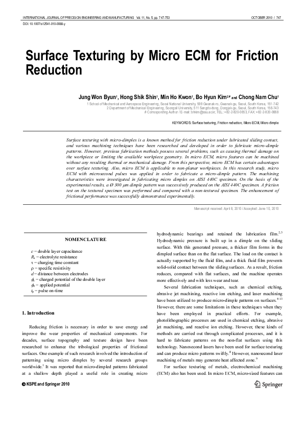(PDF) Surface texturing by micro ECM for friction reduction