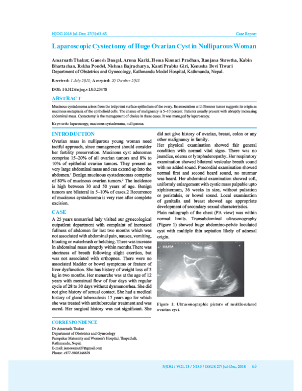 (PDF) Laparoscopic Cystectomy of Huge Ovarian Cyst in Nulliparous Woman