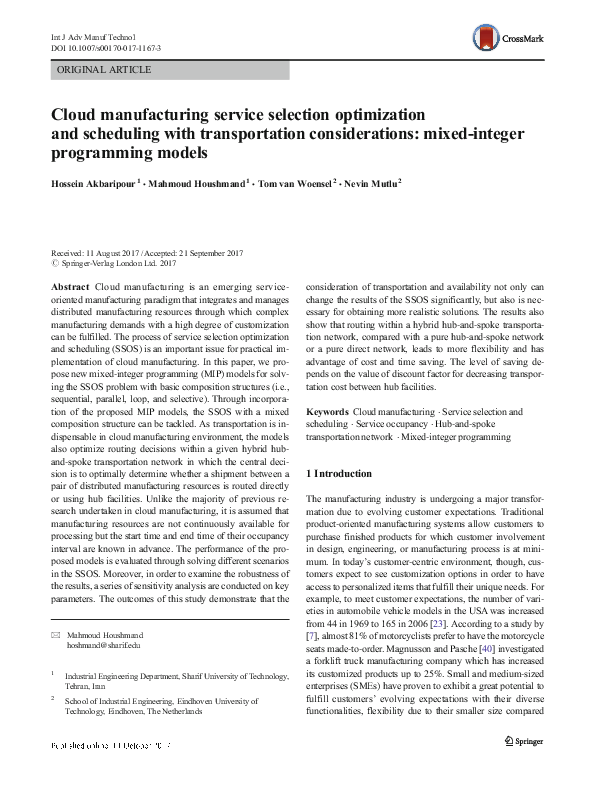 (PDF) Cloud manufacturing service selection optimization and scheduling ...