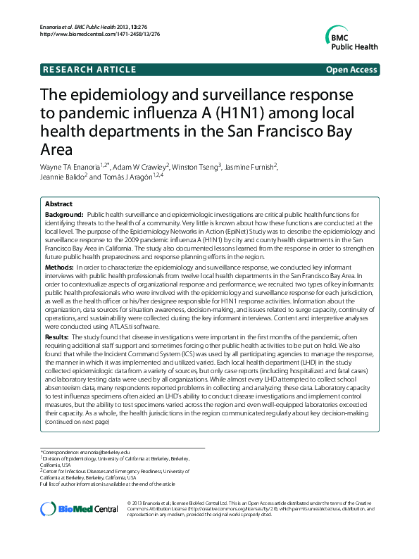 (PDF) The epidemiology and surveillance response to pandemic influenza ...
