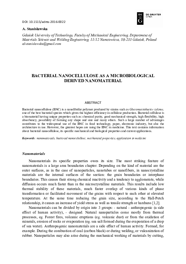 (PDF) Bacterial Nanocellulose as a Microbiological Derived Nanomaterial