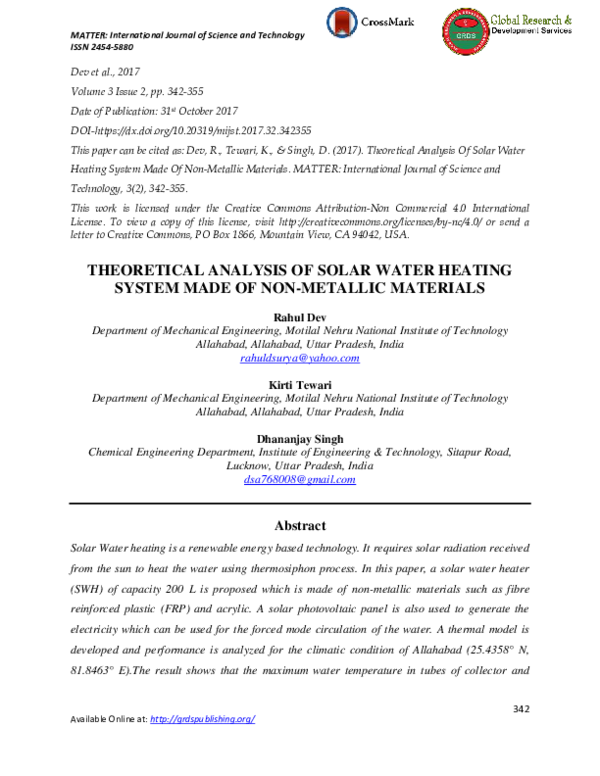 (PDF) Theoretical Analysis of Solar Water Heating System Made of Non ...