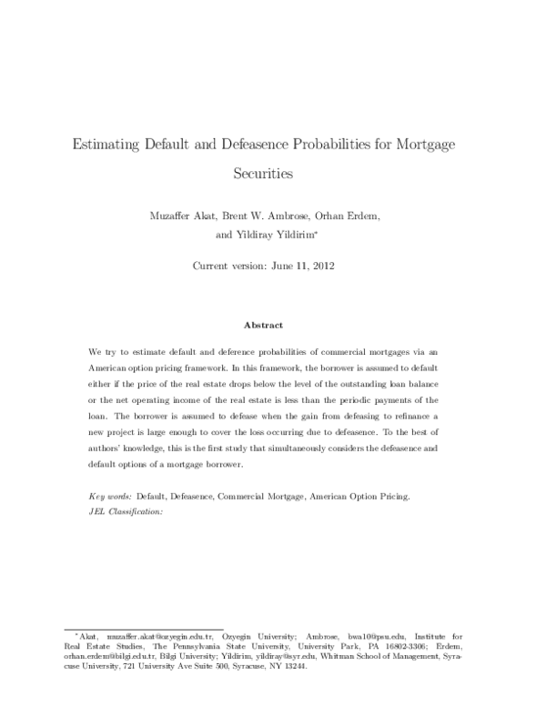 (PDF) Estimating Default and Defeasence Probabilities for Mortgage ...