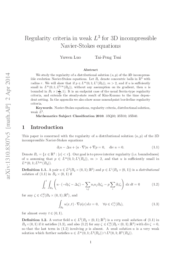 (PDF) Regularity Criteria in Weak L 3 for 3D Incompressible Navier ...