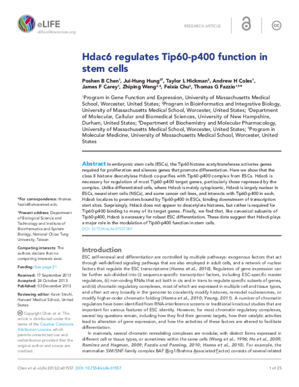 (PDF) Hdac6 regulates Tip60-p400 function in stem cells