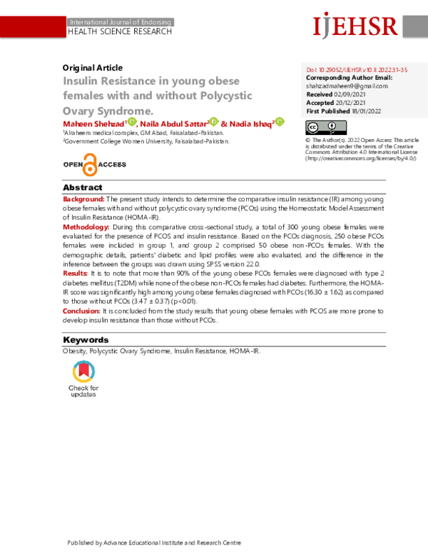 (PDF) Insulin Resistance in young obese females with and without ...
