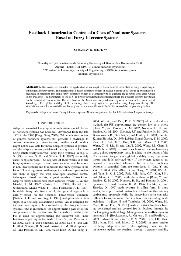 (PDF) Feedback Linearization Control of a Class of Nonlinear Systems ...