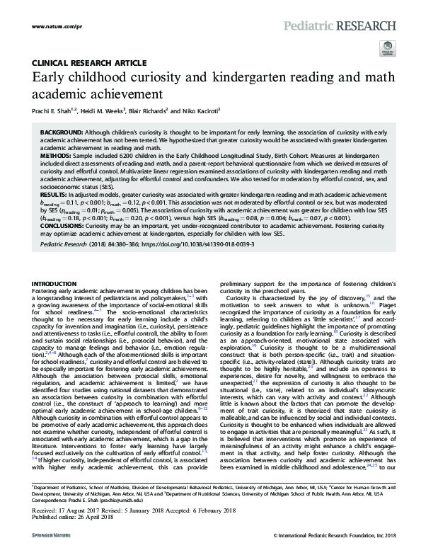 (PDF) Early childhood curiosity and kindergarten reading and math ...