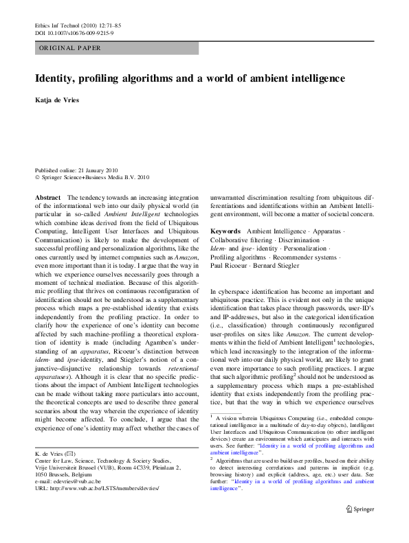(PDF) Identity, profiling algorithms and a world of ambient intelligence