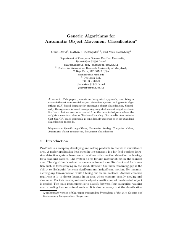 (PDF) Genetic Algorithms for Automatic Object Movement Classification