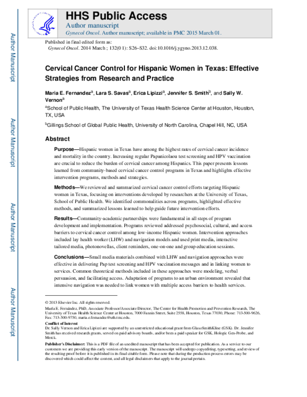 (PDF) Cervical cancer control for Hispanic women in Texas: Strategies ...