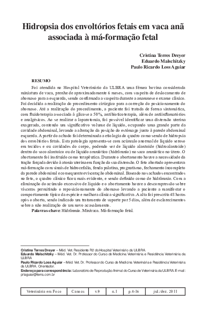 (PDF) Hidropsia dos envoltórios fetais em vaca anã associada à má ...