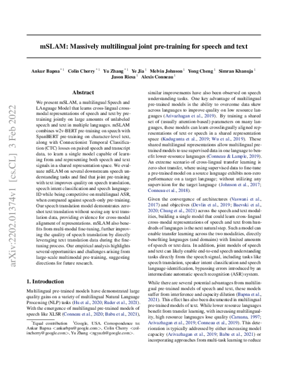 (PDF) mSLAM: Massively multilingual joint pre-training for speech and text