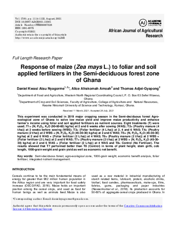 (PDF) Response of maize (Zea mays L.) to foliar and soil applied ...