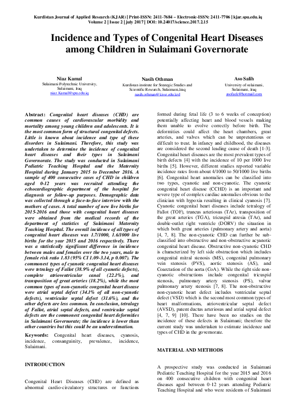 (PDF) Incidence and Types of Congenital Heart Diseases among Children ...