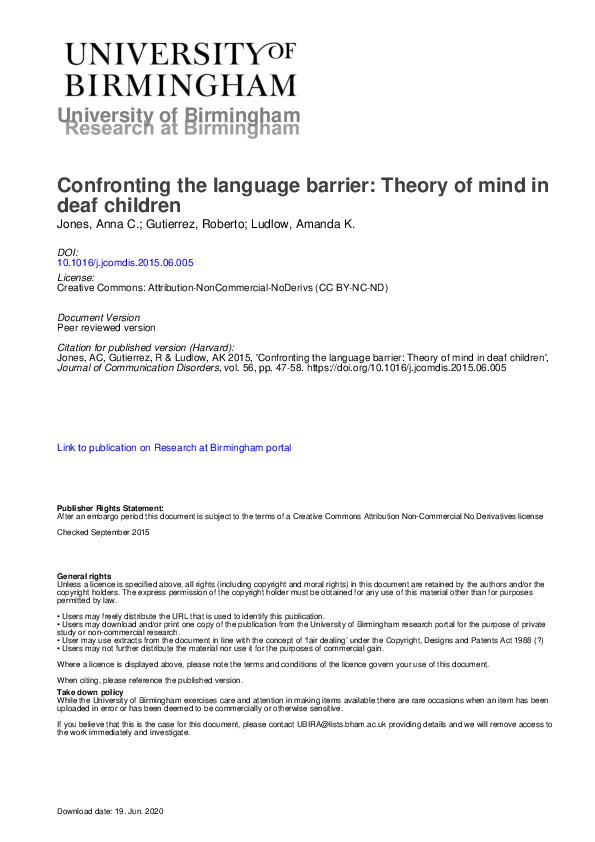(PDF) Confronting the language barrier: Theory of mind in deaf children