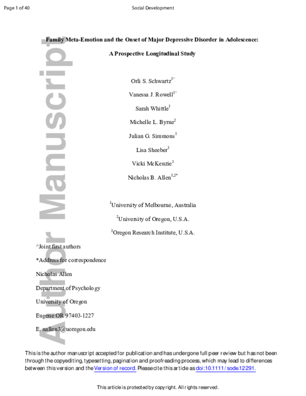 (PDF) Family meta‐emotion and the onset of major depressive disorder in ...