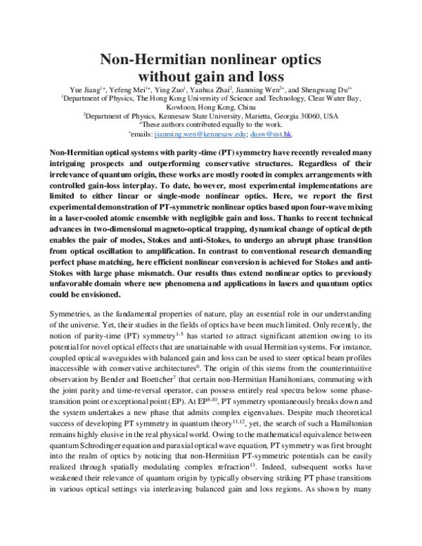 (PDF) Non-Hermitian Nonlinear Optics without Gain and Loss