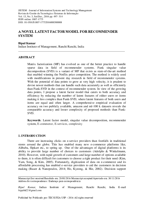 (PDF) A novel latent factor model for recommender system