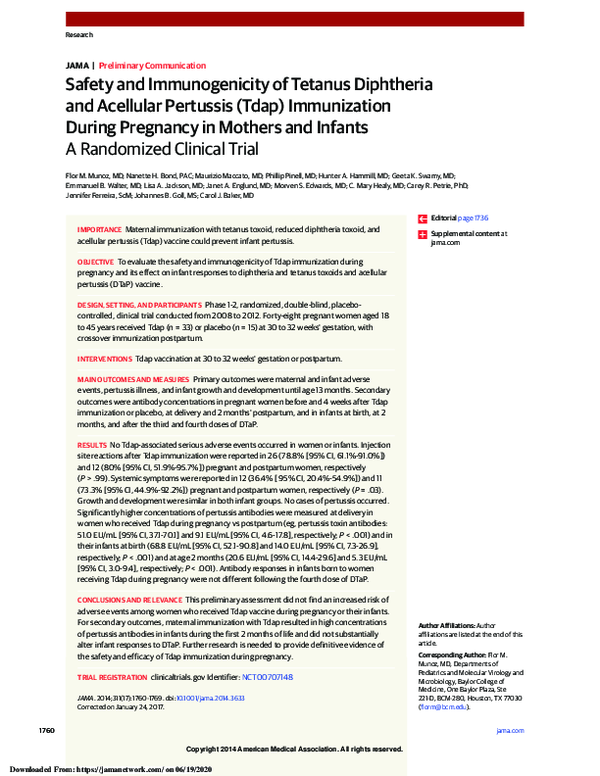 (PDF) Safety and Immunogenicity of Tetanus Diphtheria and Acellular ...