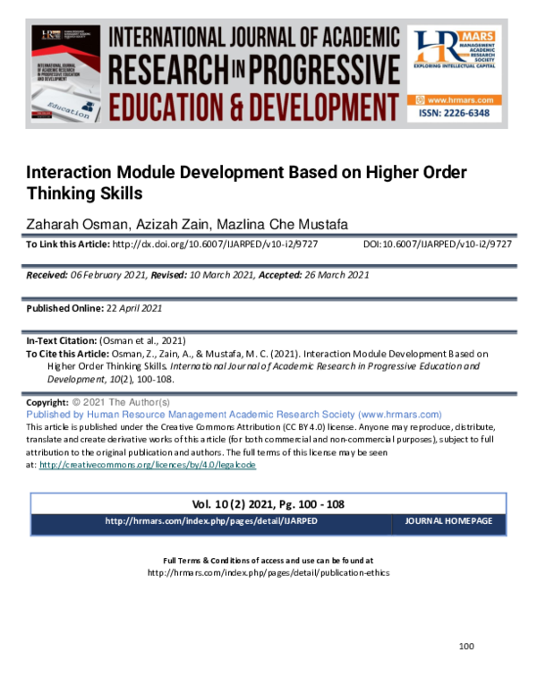(PDF) Interaction Module Development Based on Higher Order Thinking Skills