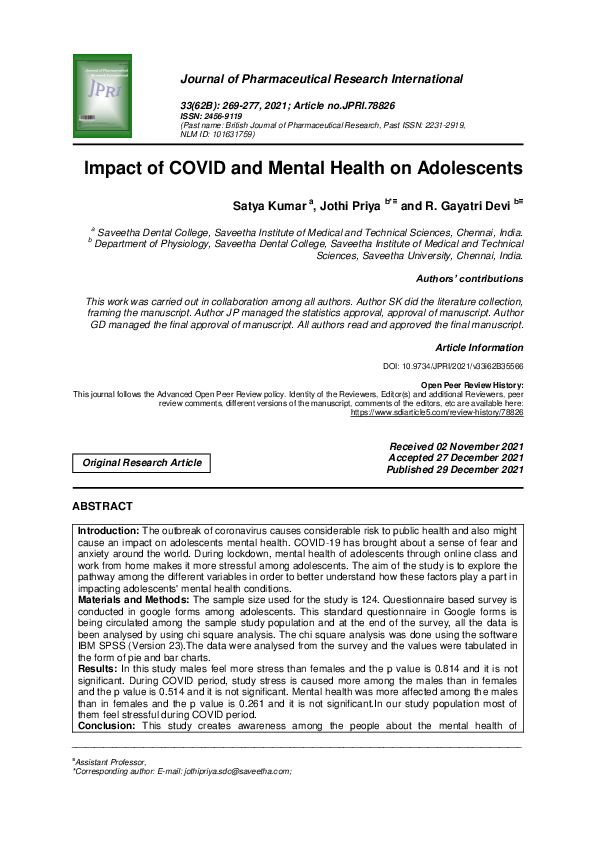 (PDF) Impact of COVID and Mental Health on Adolescents