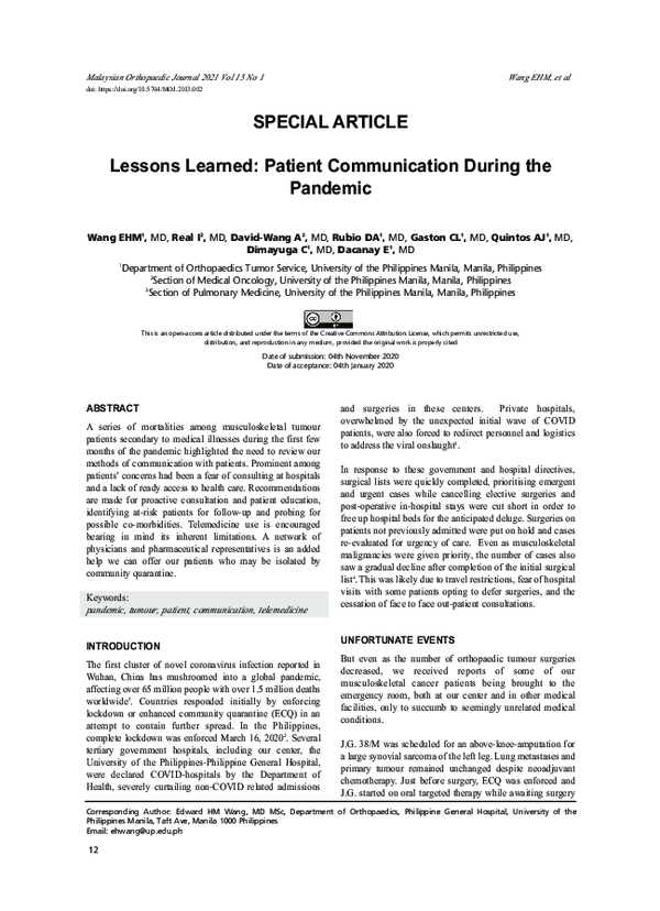 (PDF) Lessons Learned: Patient Communication During the Pandemic