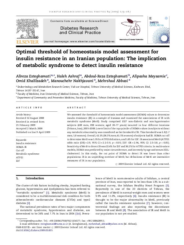 (PDF) Optimal threshold of homeostasis model assessment for insulin ...