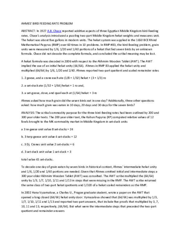 (DOC) Ahmes Bird Feeding Problem (Planetmath)