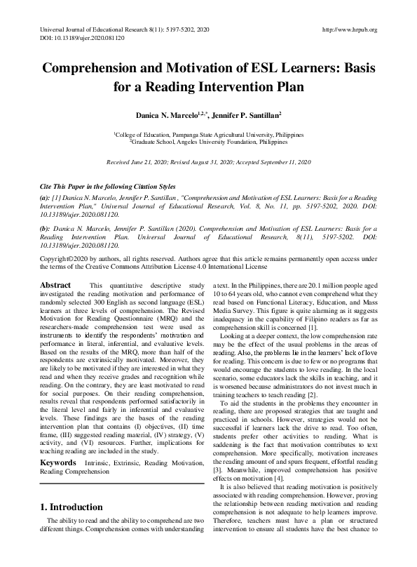 (PDF) Comprehension and Motivation of ESL Learners: Basis for a Reading ...