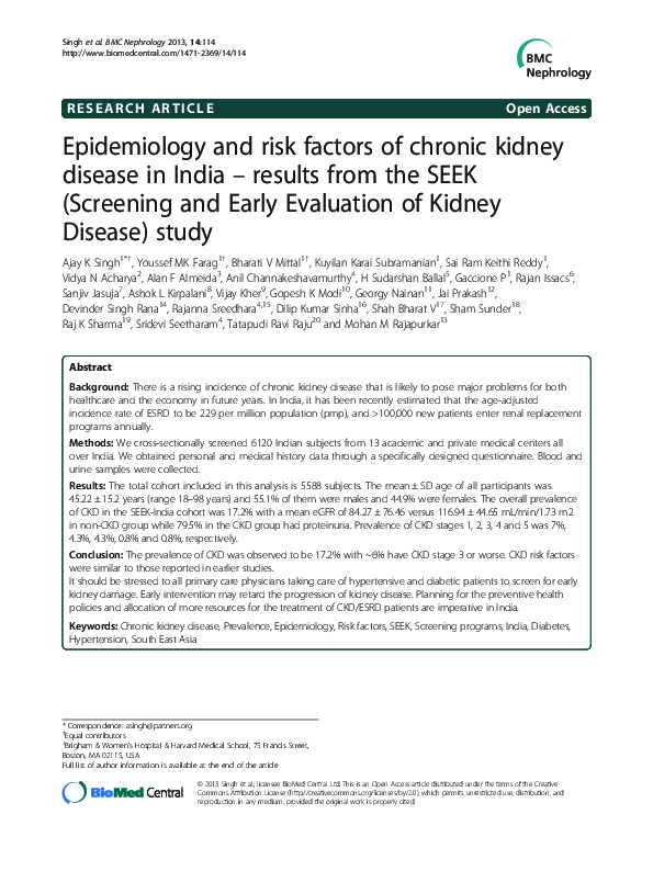 (PDF) Epidemiology and risk factors of chronic kidney disease in India ...