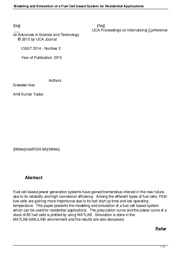 (PDF) Modeling and Simulation of a Fuel Cell based System for ...