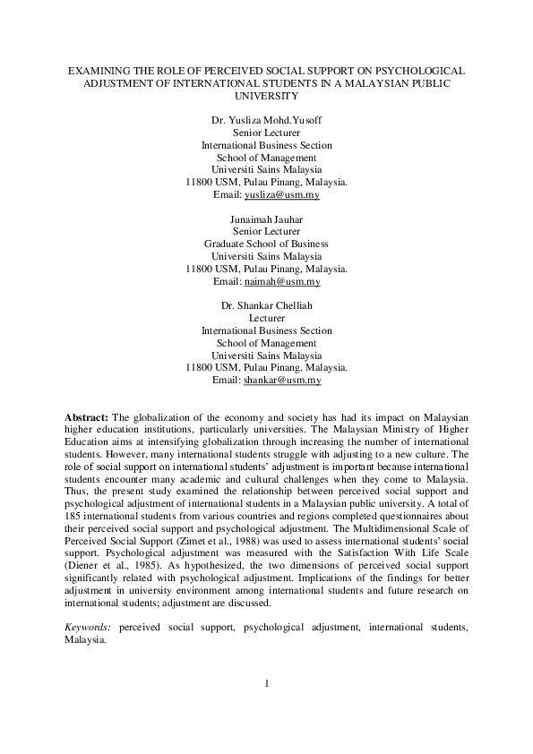 (PDF) Examining the role of perceived social support on psychological ...