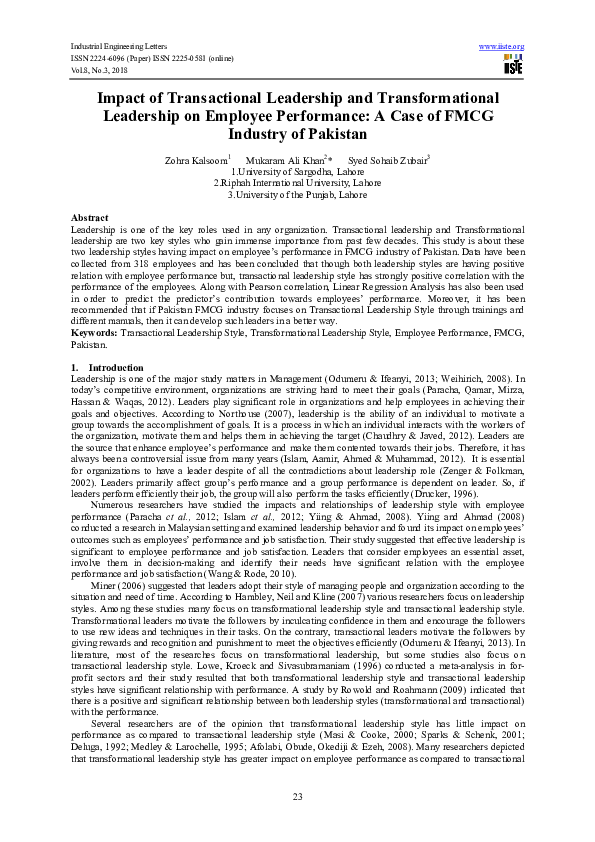 (PDF) Impact of Transactional Leadership and Transformational ...