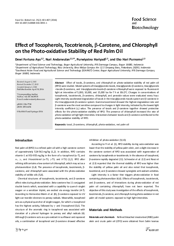 (PDF) Effect of tocopherols, tocotrienols, β-carotene, and chlorophyll ...