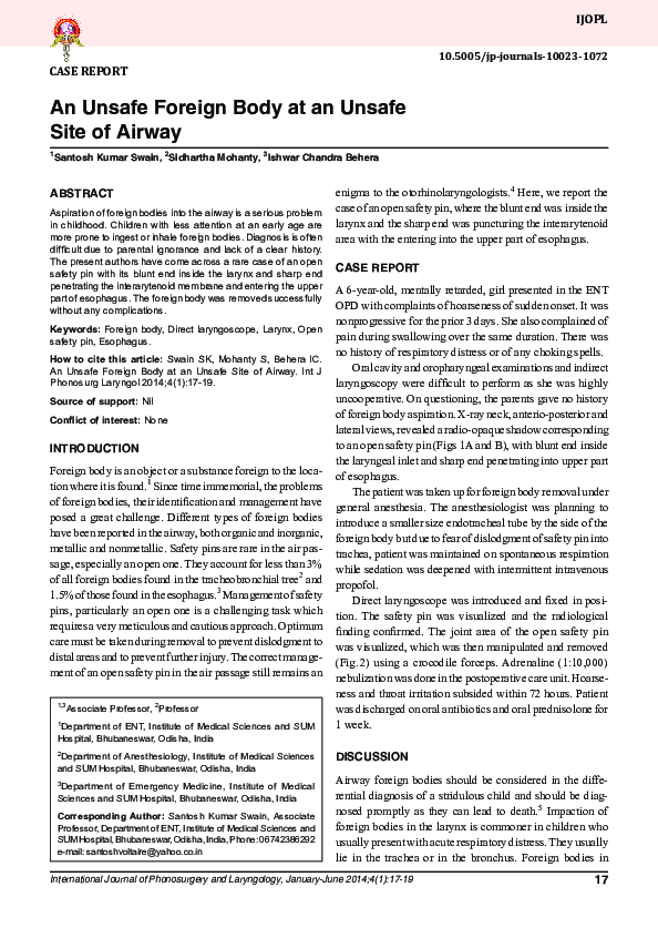 (PDF) An Unsafe Foreign Body at an Unsafe Site of Airway
