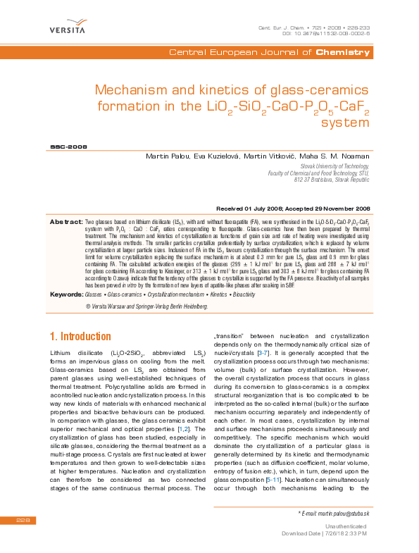 (PDF) Mechanism and kinetics of glass-ceramics formation in the LiO2 ...