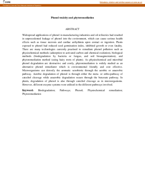 (PDF) Phenol Toxicity and Phytoremediation janna Ong Abdullah