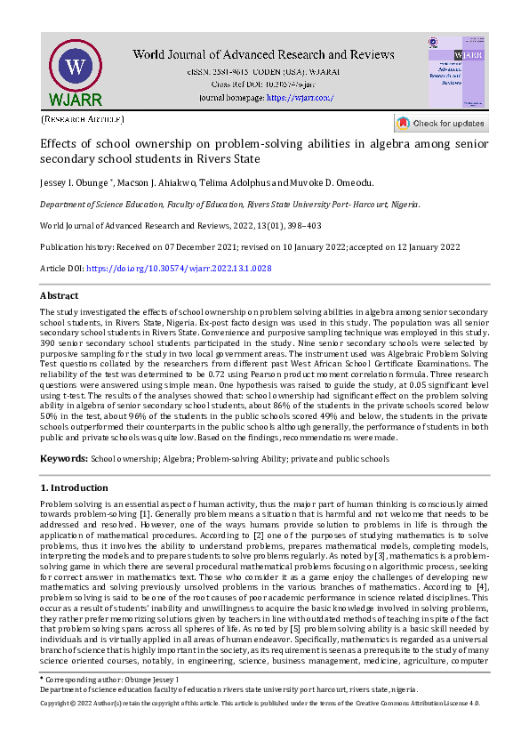 (PDF) Effects of school ownership on problem-solving abilities in ...
