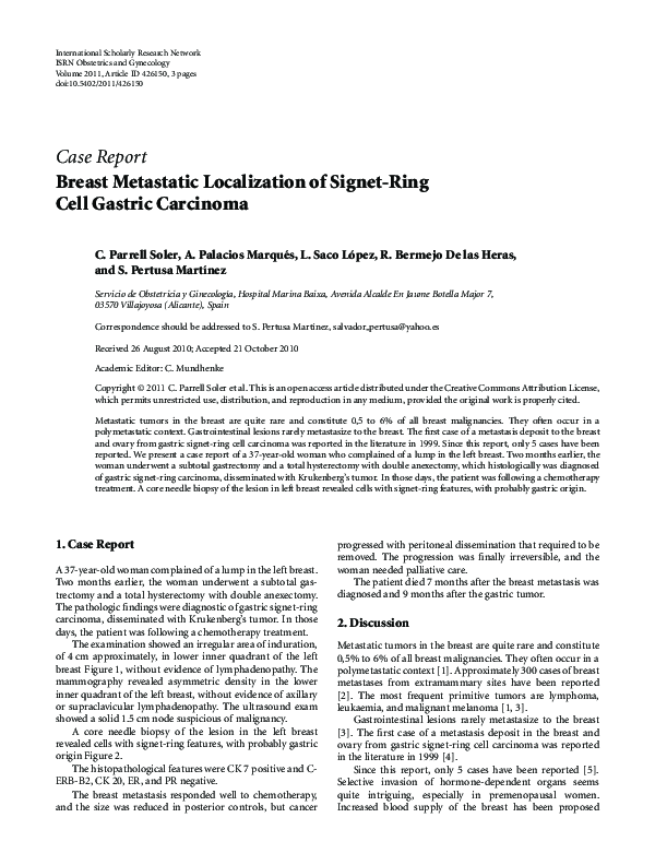 (PDF) Breast Metastatic Localization of Signet-Ring Cell Gastric Carcinoma