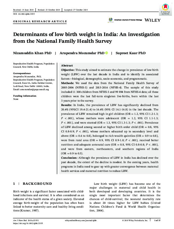 (PDF) Determinants of low birth weight in India: An investigation from ...