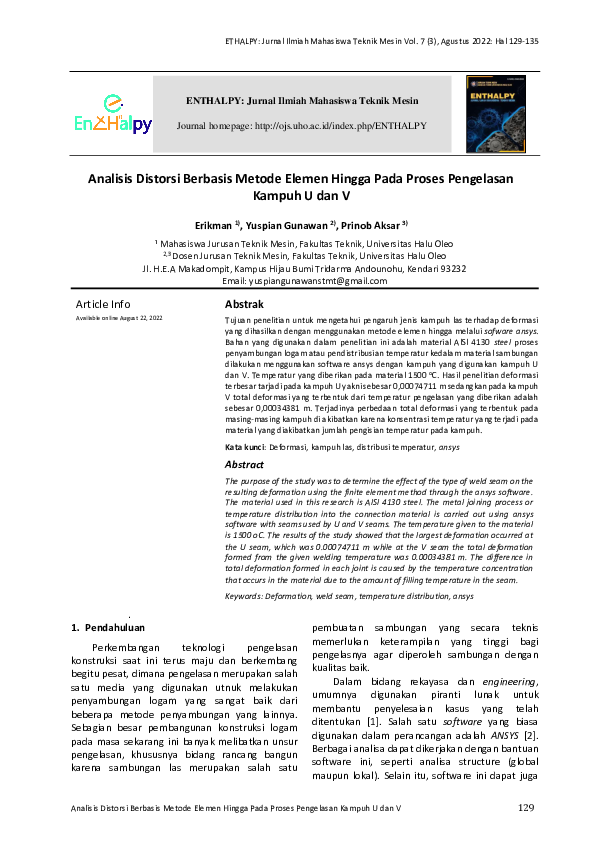(PDF) Analisis Distorsi Berbasis Metode Elemen Hingga Pada Proses ...