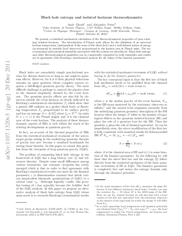 (PDF) Black Hole Entropy and Isolated Horizons Thermodynamics