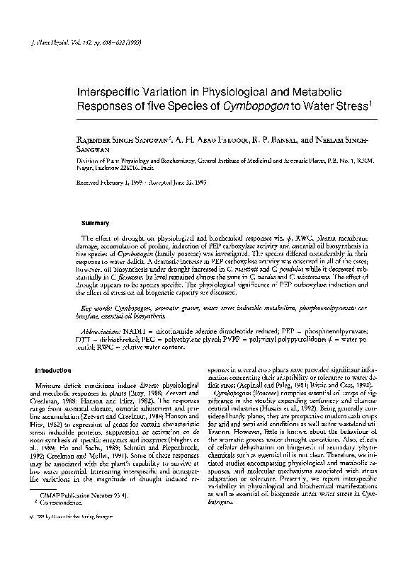 (PDF) Interspecific Variation in Physiological and Metabolic Responses ...