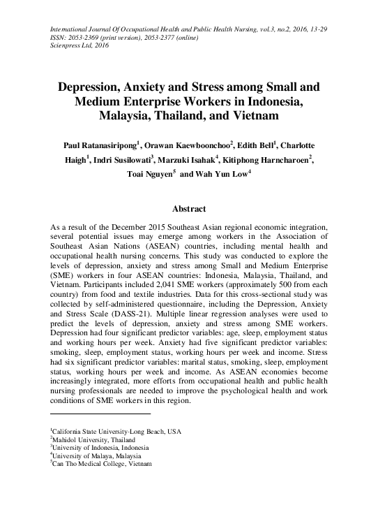 (PDF) Depression , Anxiety and Stress among Small and Medium Enterprise ...