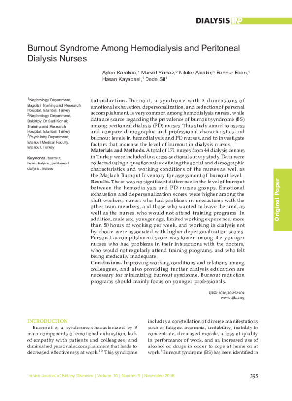 (PDF) Burnout Syndrome Among Hemodialysis and Peritoneal Dialysis Nurses