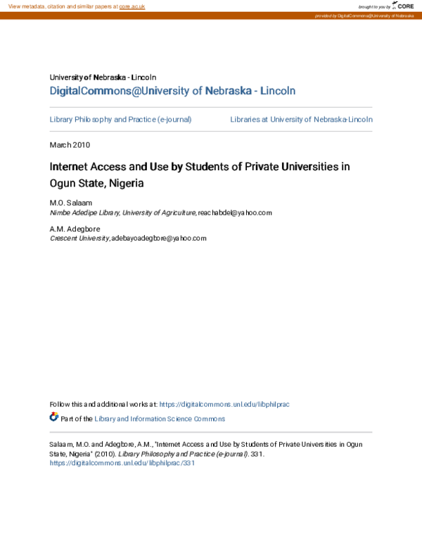 (PDF) Internet Access and Use by Students of Private Universities in ...