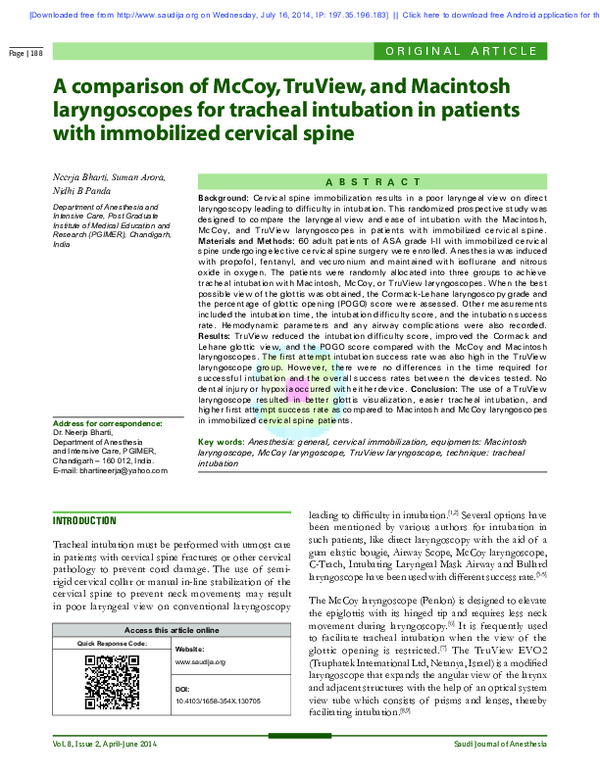 (PDF) A comparison of McCoy, TruView, and Macintosh laryngoscopes for ...