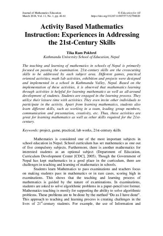 (PDF) Activity Based Mathematics Instruction: Experiences in Addressing ...