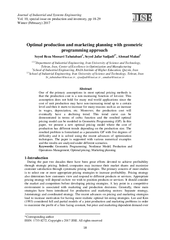 (PDF) Optimal production and marketing planning with geometric ...